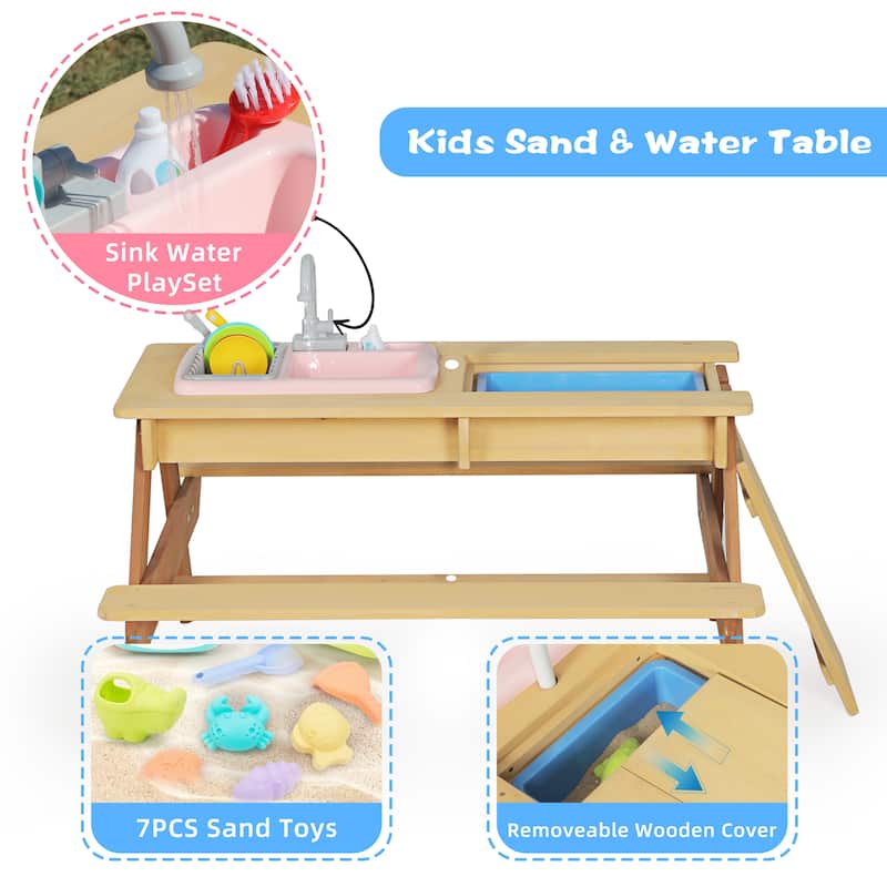Anmytek Wooden Kids Picnic Table with Umbrella and 3 in 1 Sand and Water Activity Play Table for Outdoor Backyard Patio