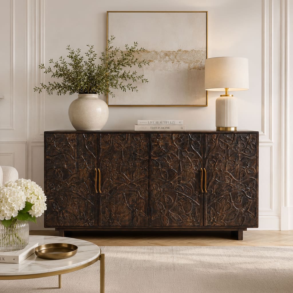 The Urban Port Suzi Brown Mango Wood 4 Door 60-Inch Sideboard Buffet Cabinet