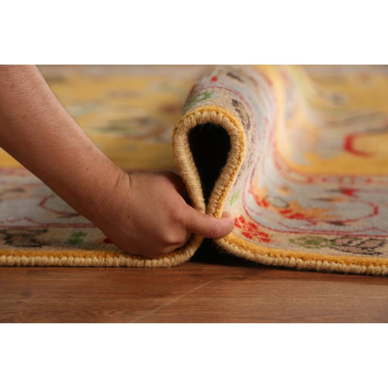Floral Yellow Heriz Serapi Indian Area Rug Hand-Knotted Wool Carpet - 7'9" x 9'11"