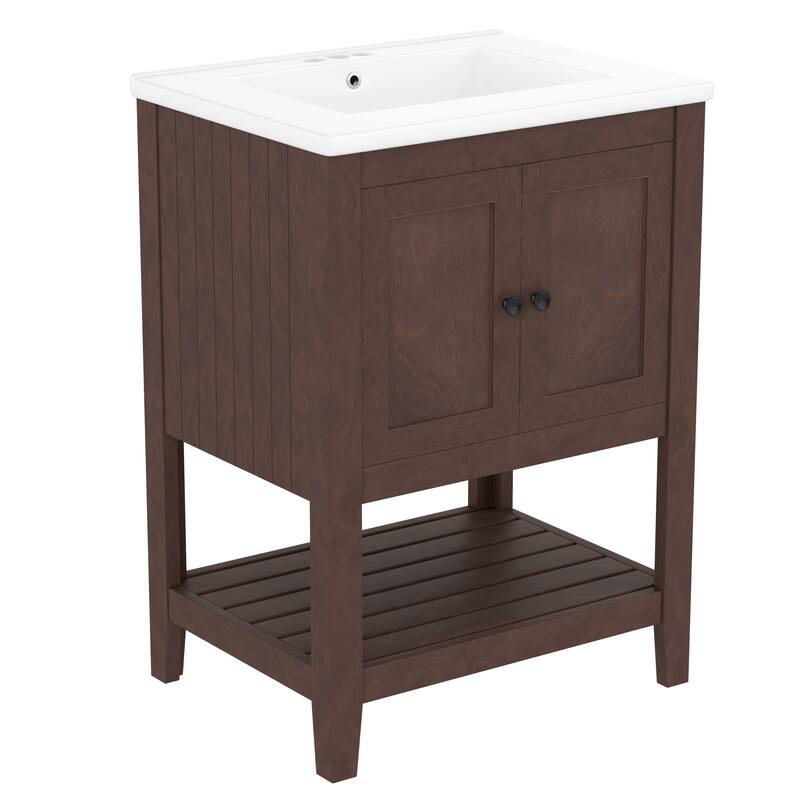 24" Modern Sleek Bathroom Vanity Elegant Ceramic Sink - Brown