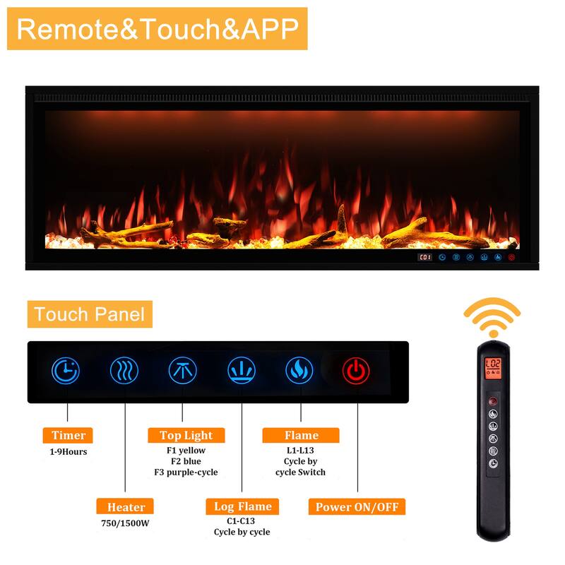 Clihome 42-88" Recessed Wall-Mounted Smart Control Electric Fireplace