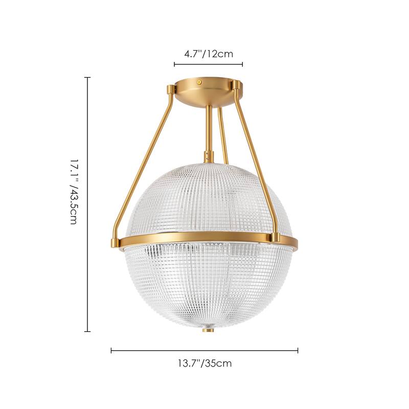 3-Light Mid-Century Modern Grid Textured Glass Globe Bubble Semi-Flush Mount Light for Dining Room - 13.7 in. W x 17.1 in. H