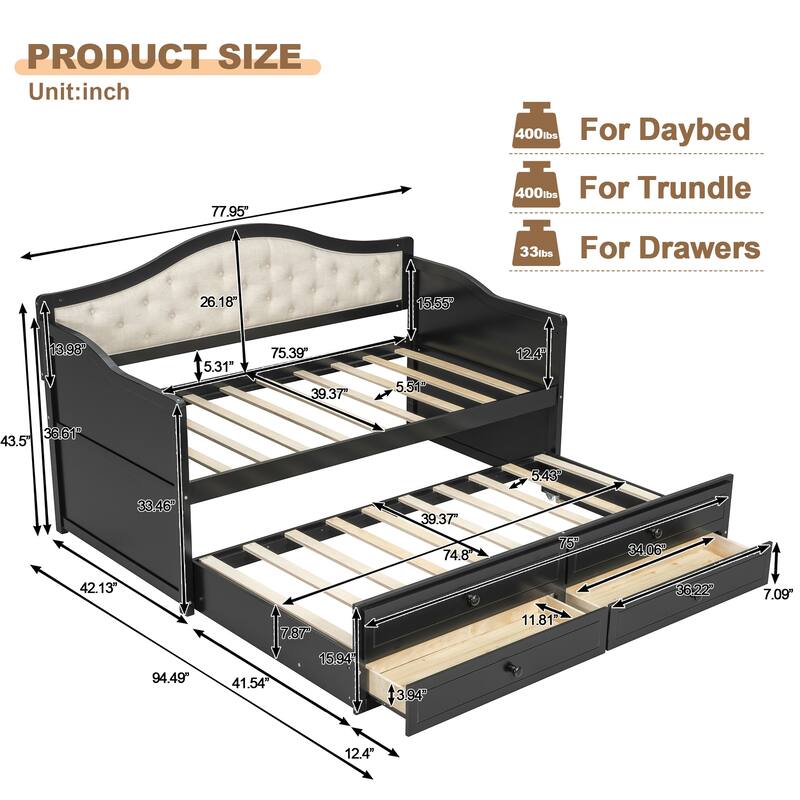 Wooden Frame Day Bed, Twin Size Daybed with Trundle Bed, Upholstered Tufted Button Backrest Sofa Bed with 2 Storage Drawers