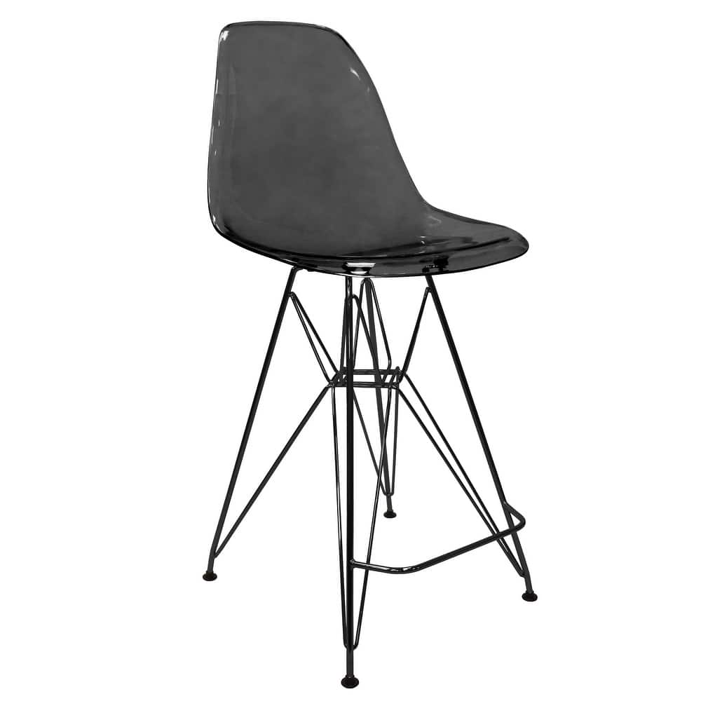 Cresco Ergonomic Acrylic in Brushed Black Steel Base Barstool with Footrest, & Floor Pads for Kitchen or Home Bar
