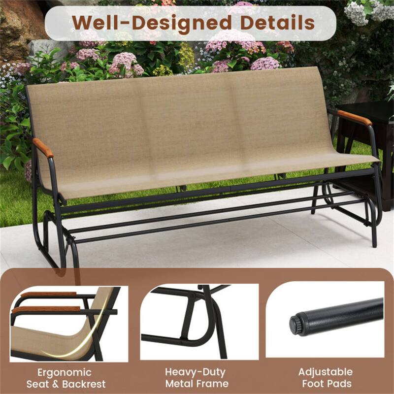 Gliding Outdoor Loveseat with Teak Wood Armrests Breathable Fabric Patio Bench for Porch Backyard and Poolside