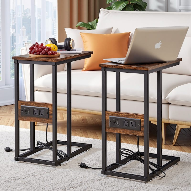 Javlergo Set of 2 C-Shaped End Tables with Charging Station Outlets & USB Fits Sofa Bed for Small Spaces Nightstand & Sofa Table - Brown