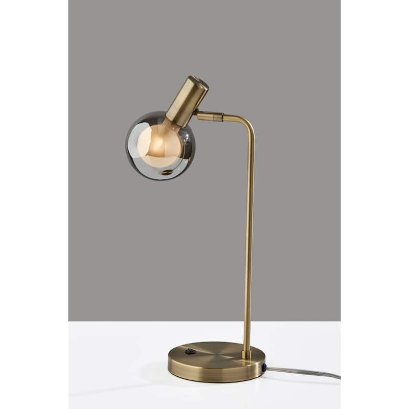 Antique Brass Metal Desk Lamp with Grey Glass Globe Shade and Rocker Switch - 8.75” x 5.5” x 17.5” (D x W x H)