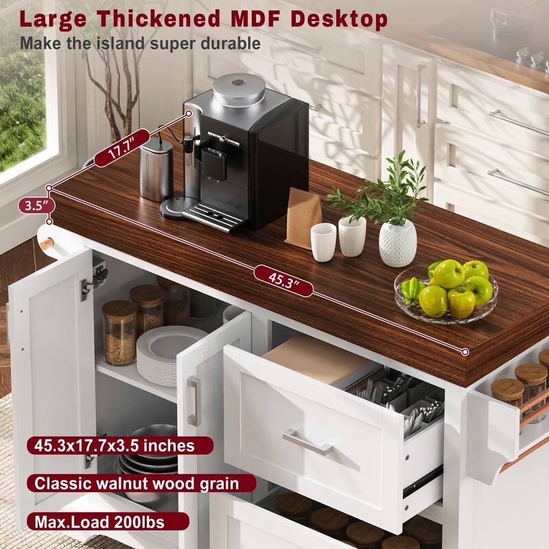 53" Large Kitchen Island with 3.5" Thick Desktop, Spice and Towel Racks & 2 Extra-large Drawers