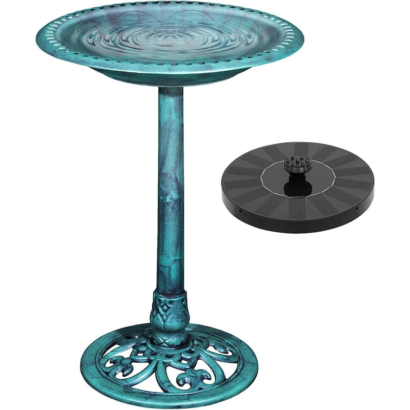 Javlergo 28" Pedestal Outdoor Bird Bath with Solar Powered Fountain for Outside, Vintage Bronze Polyresin Lightweight, Antique - Green