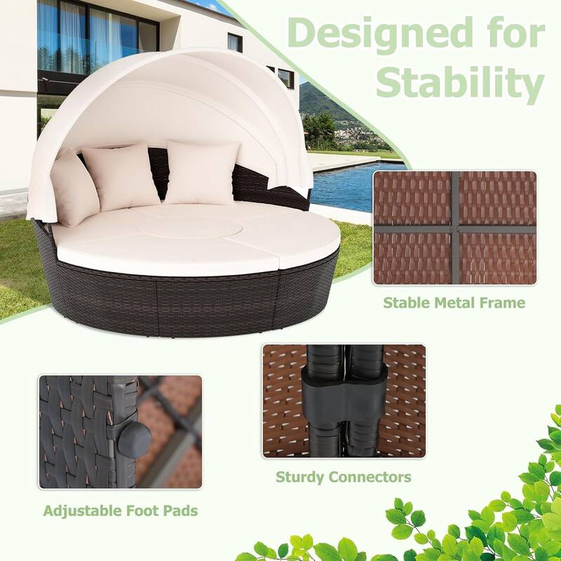 Round Outdoor Daybed Wicker Rattan Clamshell Patio Day Bed w/ Canopy