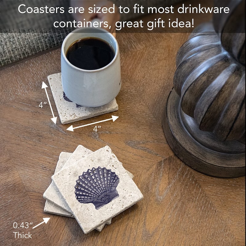 Scallop Shell 4 Pack Natural Travertine Absorbent Stone Coasters with Protective Cork Backing Manufactured in The USA