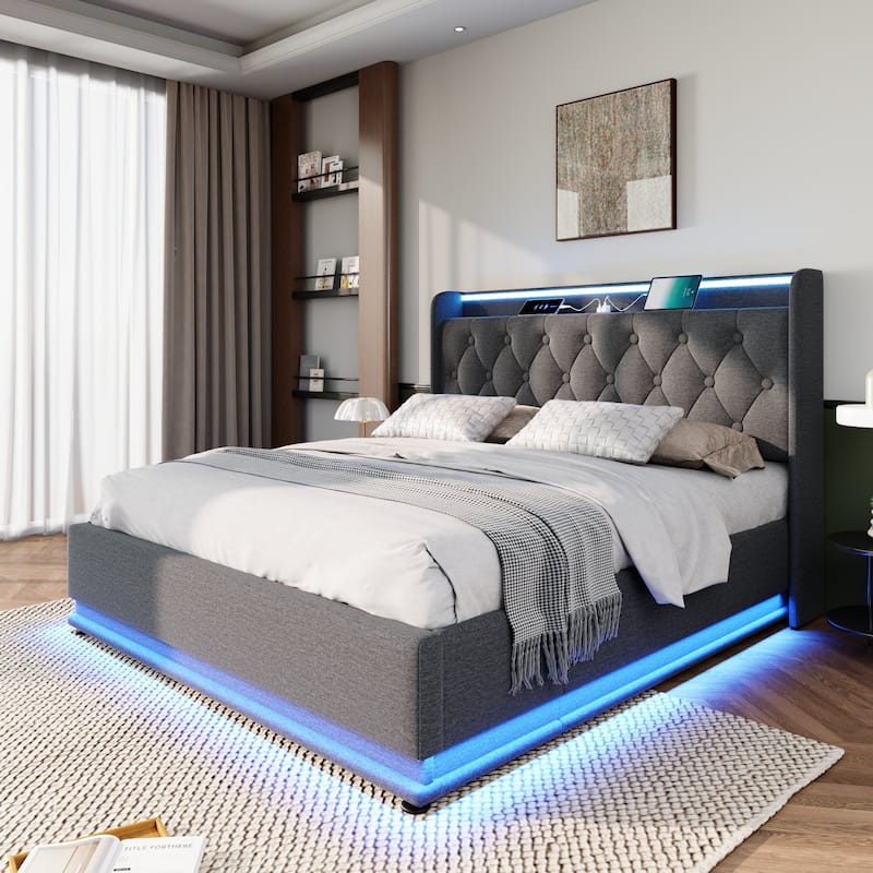 Gray Queen Size Upholstered Bed with LED Function and USB Charging
