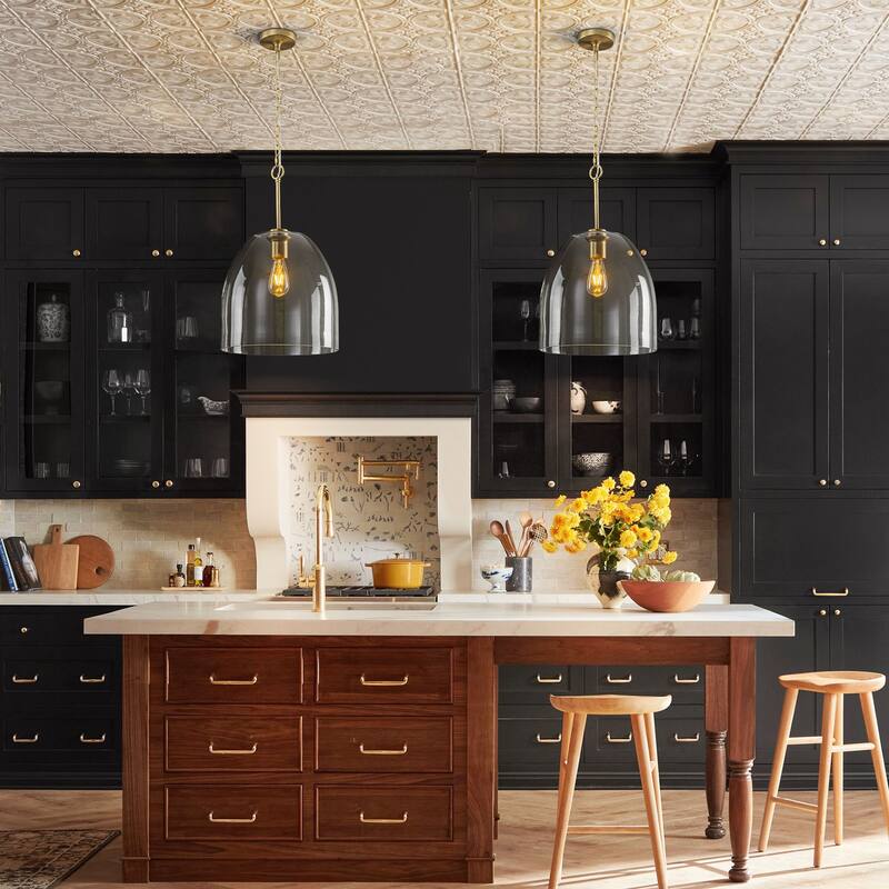 1-Light 14.6" Modern Brushed Brass Bell-Shaped Dome Clear Glass Pendant Light for Kitchen Island