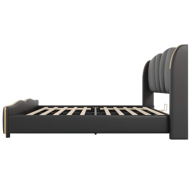 Christopher Knight Home - Emerson Modern Leather Upholstered Bed Frame with Wingback Headboard and Wavy Footboard
