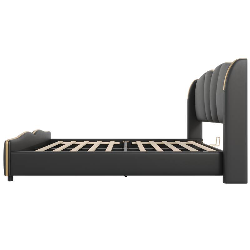 Modern Queen Size Leather Upholstered Bed Frame with Wingback Headboard and Wavy Footboard, No Spring Box Needed