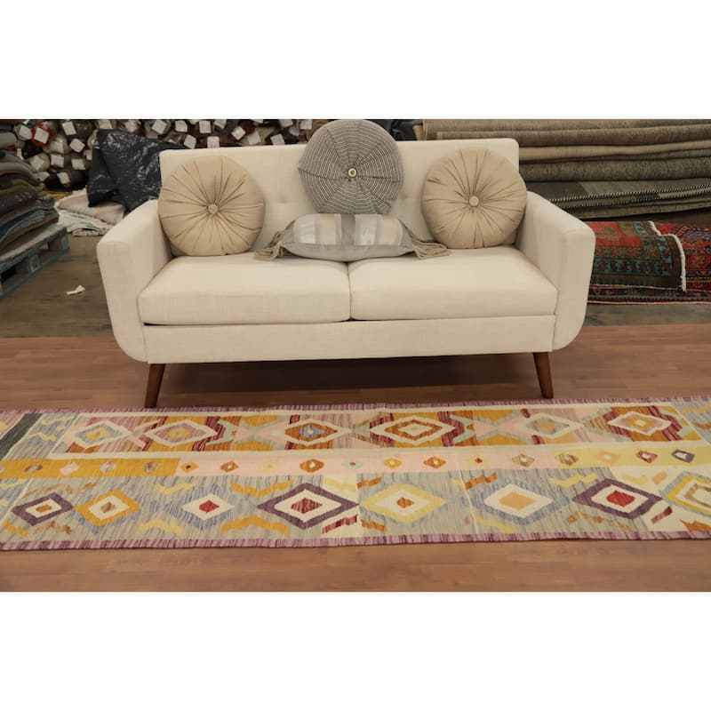 Hand Woven Oriental 100% Wool Carpet Southwestern Modern Multi-Colored Kilim Runner Rug - 10' 1'' X 2' 8''