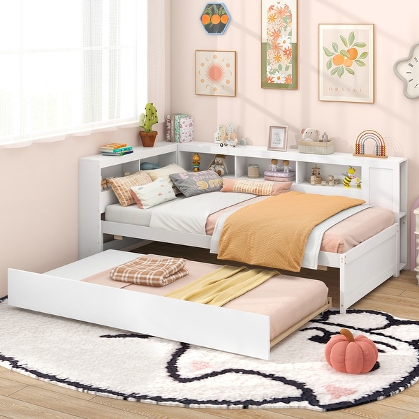 Twin Size Daybed Platform Bed Frame with Trundle and Bedside