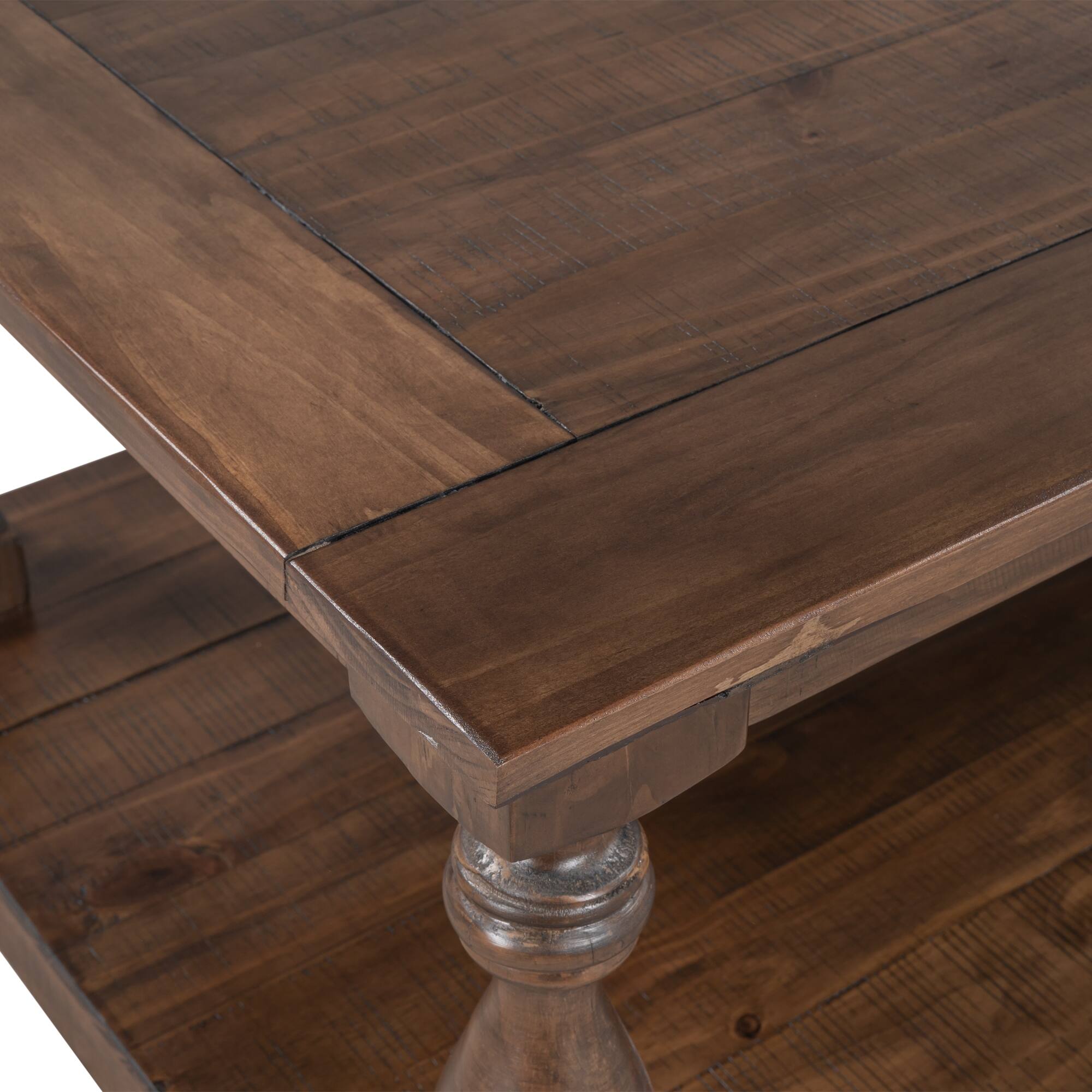 Rustic Floor Shelf Coffee Table With Storage,Solid Pine Wood Coffee