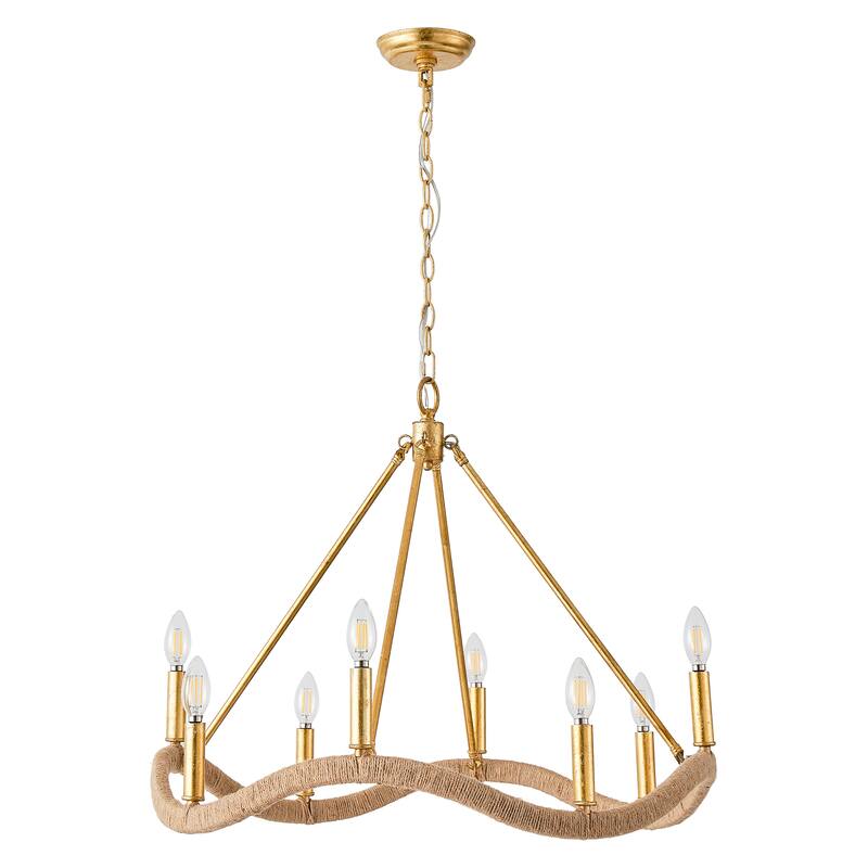 Modern Farmhouse Gold Natural Jute Large Candle Chandelier - 27.6 in. D x 27.6 in. W x 23.6 in. H