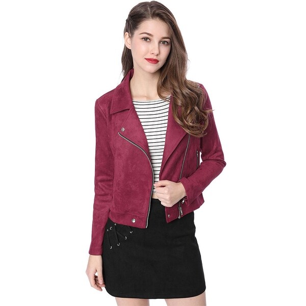 Allegra K Women Short Soft Zip Up Faux Suede Biker Moto Jacket