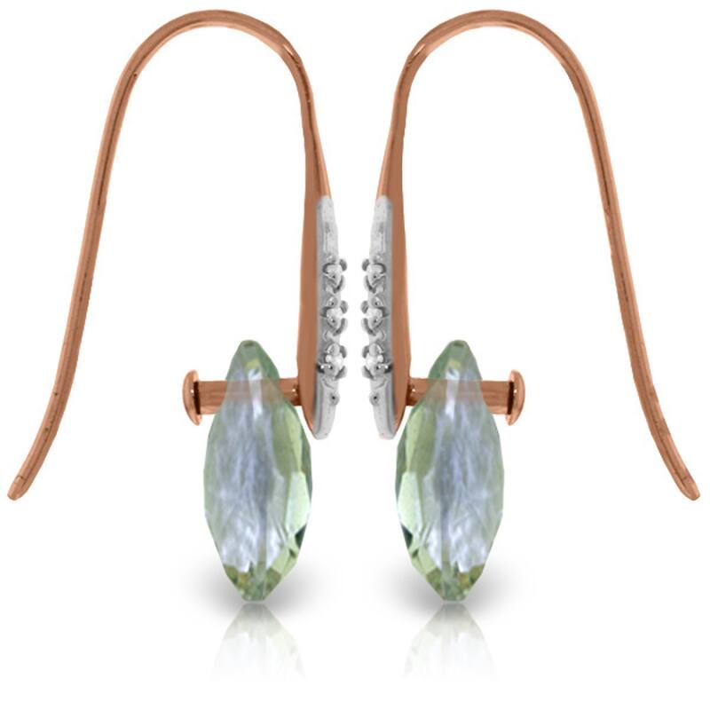 14K Solid Gold Fish Hook Earrings w/ Diamonds & Green Amethyst
