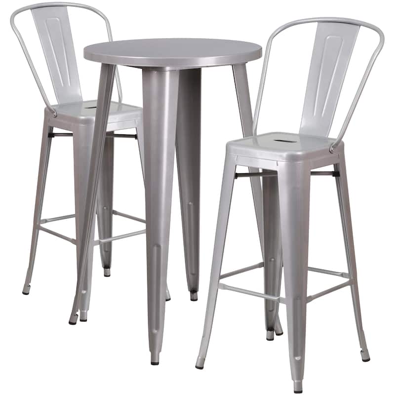 24'' Round Metal Indoor-Outdoor Bar Table Set with 2 Cafe Stools - 24"W x 24"D x 41"H