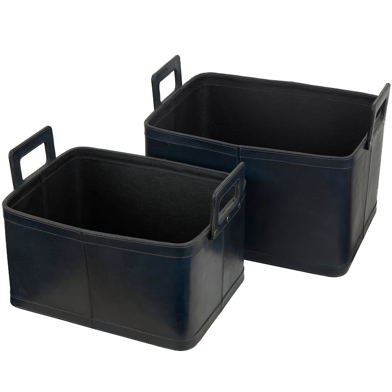 Sleek Leather Modern Storage Basket with Handles (Set of 2) - Dark Blue or Brown