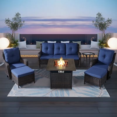 Pocassy 7PCS Outdoor Sofa Swivel Chairs with Fire Pit Table