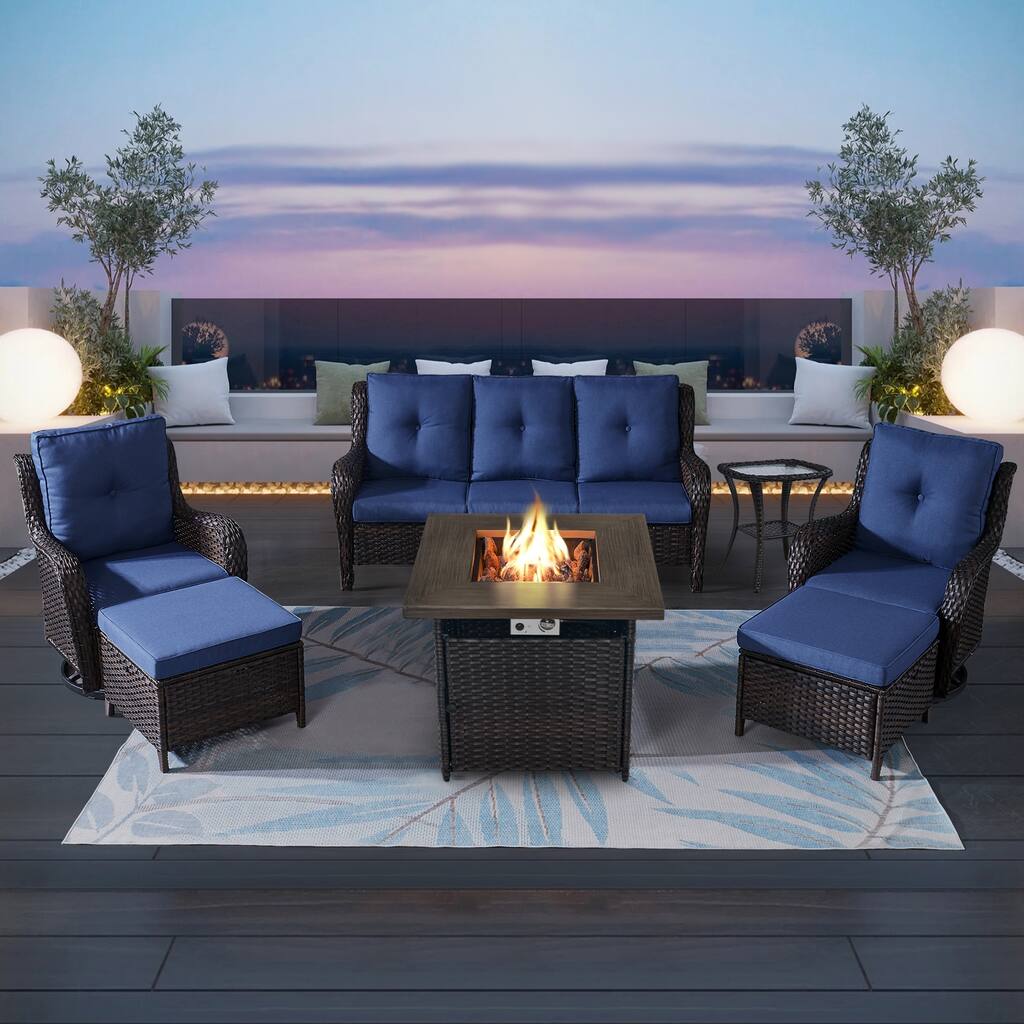 Pocassy 7PCS Outdoor Sofa Swivel Chairs with Fire Pit Table