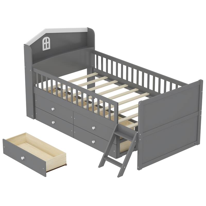 Twin Size Platform Bed Frame with 4 Storage Drawers & Guardrail Headboard for Bedroom, Wooden Kids Storage Bed with Ladder