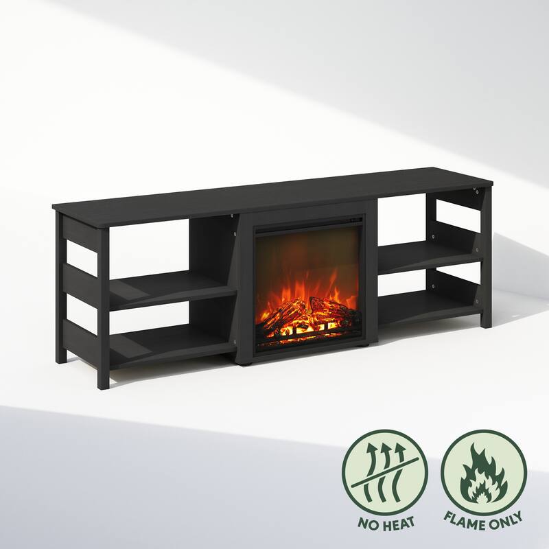 Furinno Classic No Heat Decorative Electric Fireplace TV Stand for TV up to 70 Inch with Open Shelves, Americano