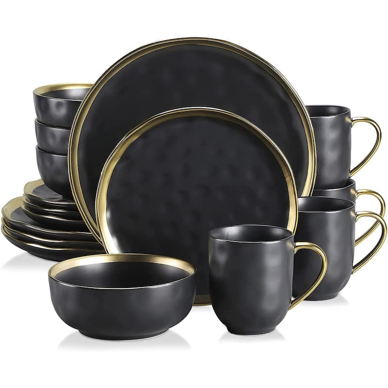 LOVECASA Matte 16-piece Stoneware Dinnerware Set with Gold Trim