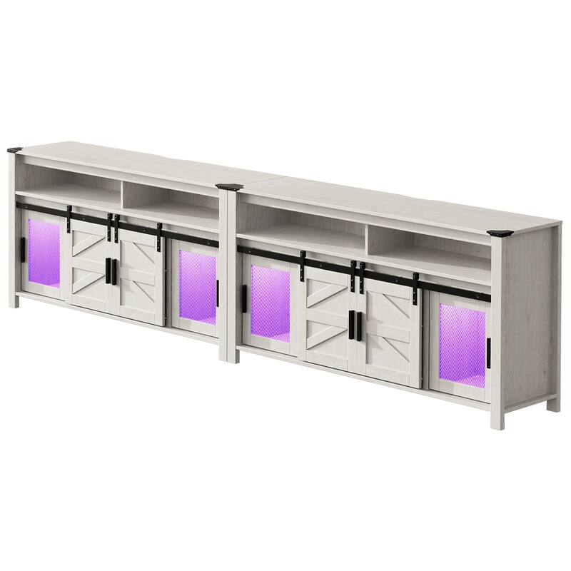 LED Farmhouse Entertainment Center with Mesh and Barn Doors, 31" H - 118" - Antique White & RGB LED Lights