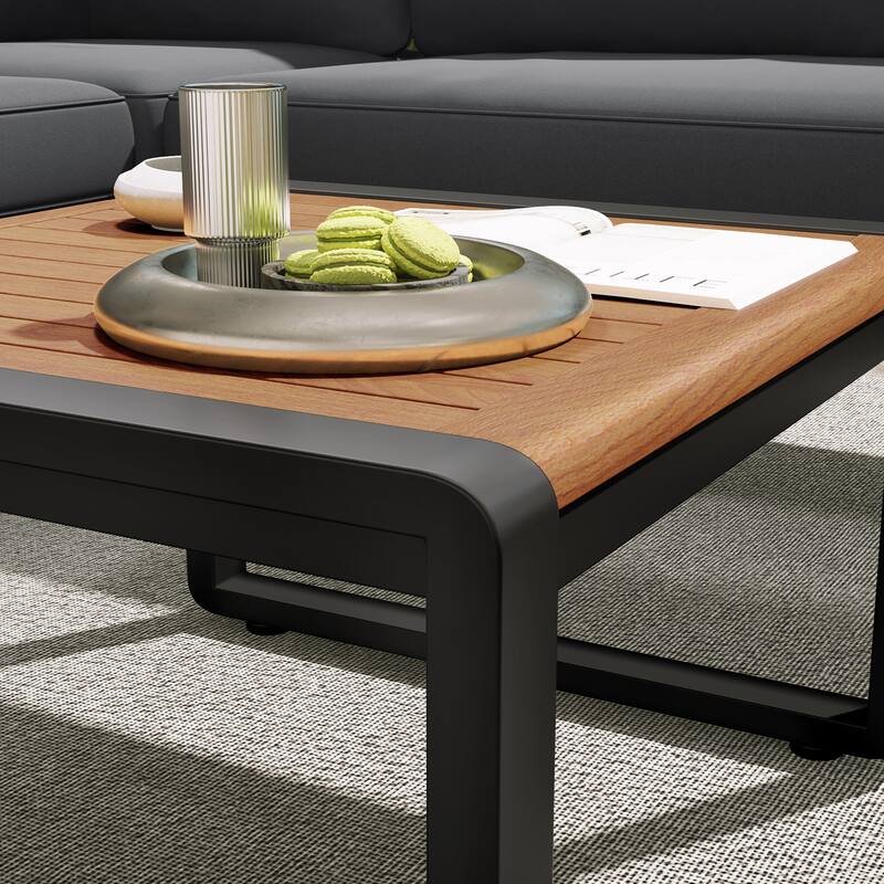 4 Pieces Outdoor Patio Conservation Set, Metal and Wood Frame Sectional L-shaped Sofa with Soft Cushion and a Coffee Tab