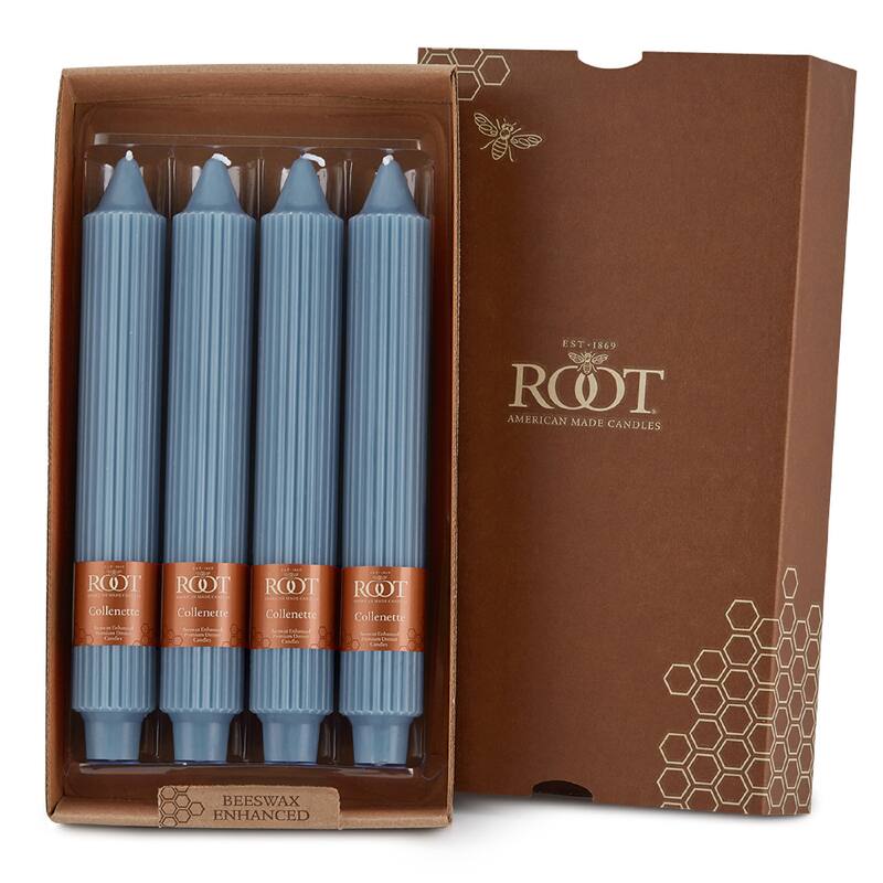 Root Unscented Grecian Collenette Taper Candles box of 4 - 9 X 1-1/4 - Williamsburg Blue