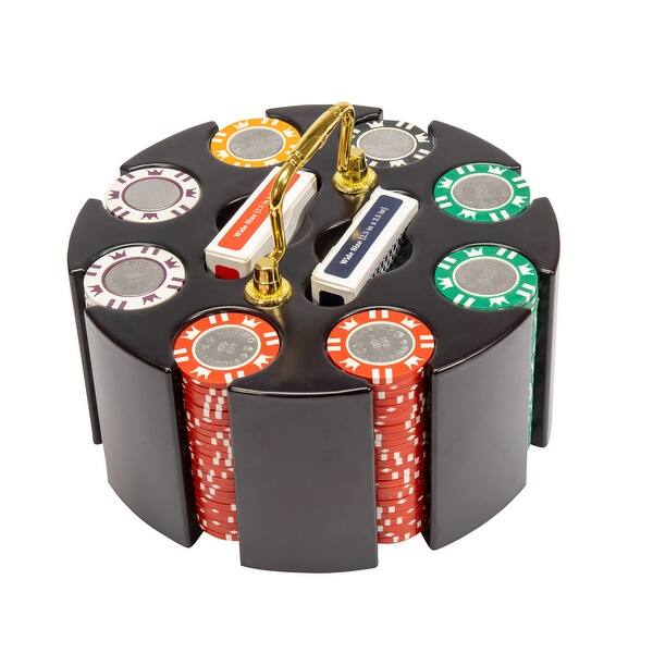 slide 2 of 5, 200 14 Gram Coin Inlay Poker Chips & Wooden Carousel - Black