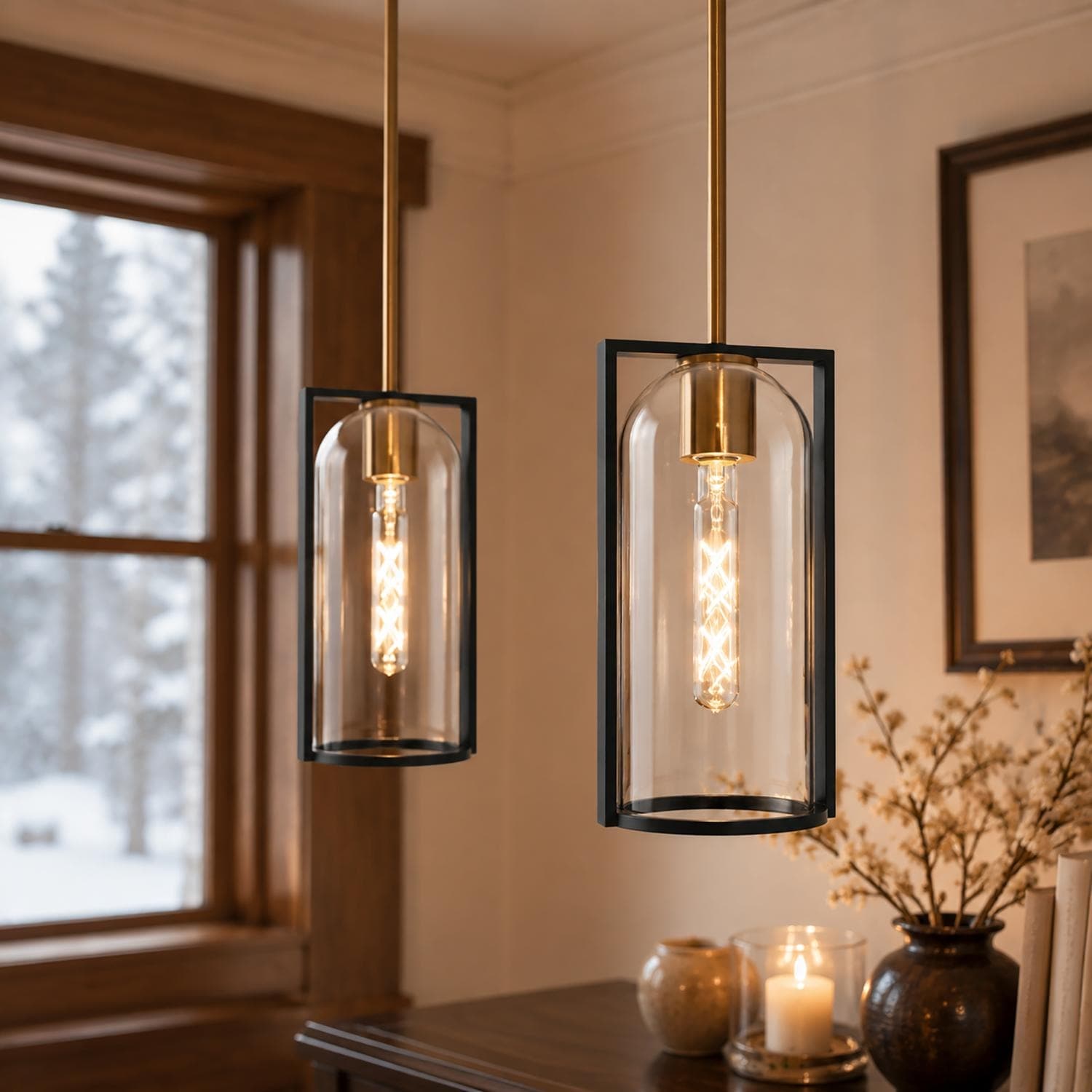 LALUZ Modern 1-Light Black Gold Kitchen Island Pendant Light with Clear Glass for Dining Room