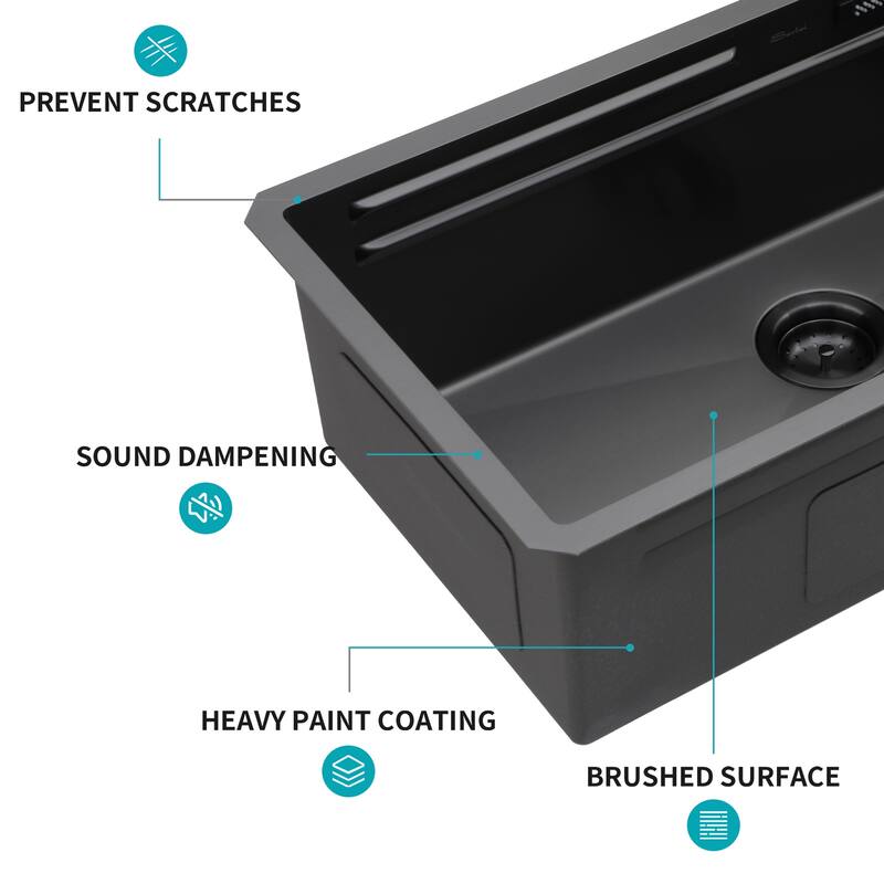 33" Undermount Waterfall Gunmetal Black Kitchen Sink - Single Bowl 16 Gauge Stainless Steel Ledge Workstation Kitchen Sinks