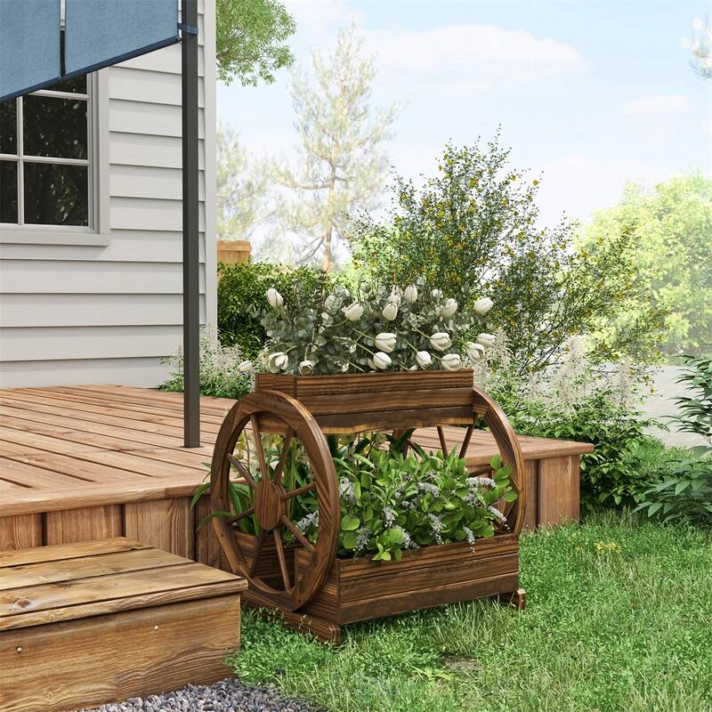 Carbonized Fir Wood Outdoor Raised Wooden Planter Box Set with Decorative Wheels - 25.25" L x 21.25" W x 23.5" H