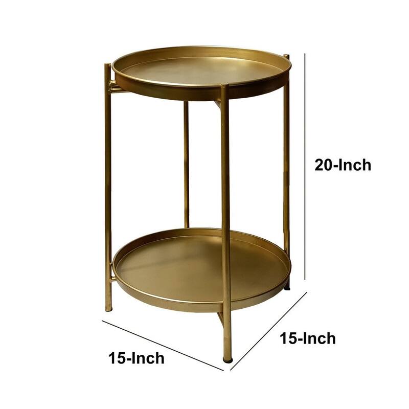 20 Inch High Round Side End Table with 2 Tier Iron Frame, Matte Gold - 15L x 15W x 20H