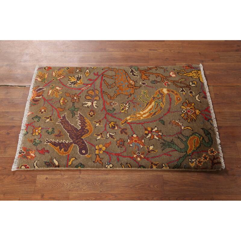 Animals Design Kazak Accent Rug Hand-Knotted Floral Wool Carpet - 2'1"x 2'10"