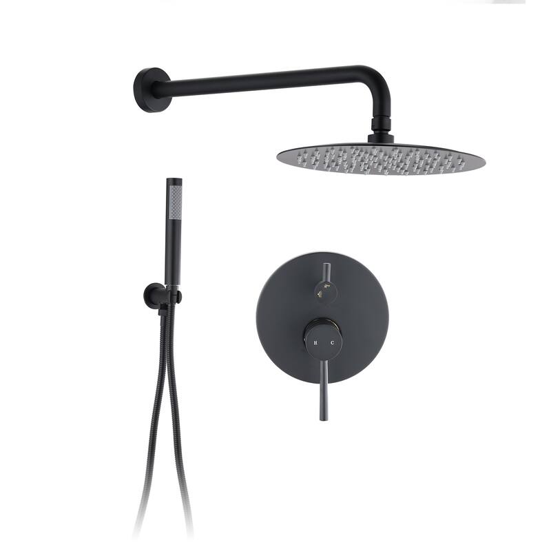 Wall Mounted Round Shower Combo Set with 10" Rain Shower head and Handheld Shower Head Set with Pressure Balancing Valve - Matt Black