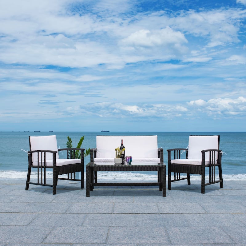 SAFAVIEH Outdoor Jeta 4-Piece Wicker Living Set - 43W x 31D x 26H - Black/White Cushion
