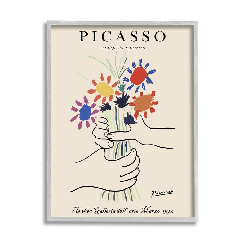 Stupell Classical Picasso Floral Painting Hands Holding Bouquet Framed Wall Art - 11 x 14 - Grey