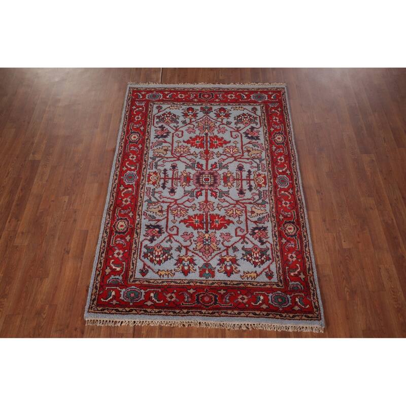 Light Blue & Red Heriz Serapi Indian Foyer Rug Handmade Wool Carpet - 4'0"x 6'0"