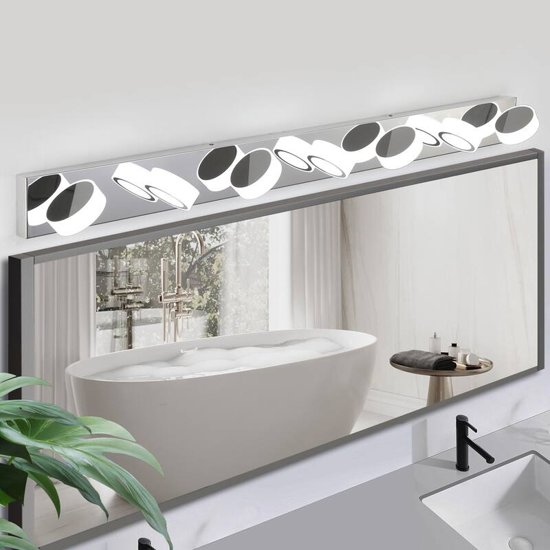 52" Modern 7-Light LED Vanity Light Fixture - Chrome Finish with Acrylic Light Shades - Energy-Efficient Bathroom Wall