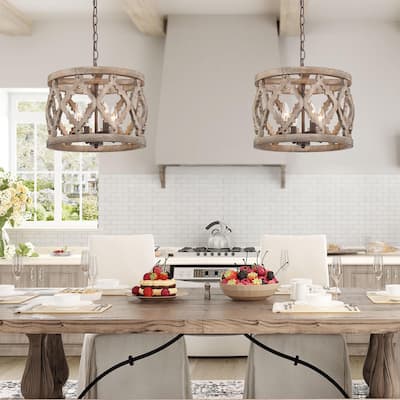 Farmhouse 4-Light Wood Drum Chandelier Island Lights for Dining Room