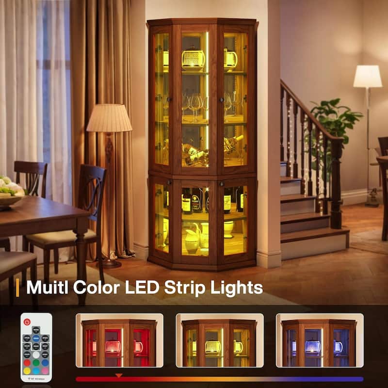 71 Inches Tall Corner Cabinet with Doors & LED Lights, Brown