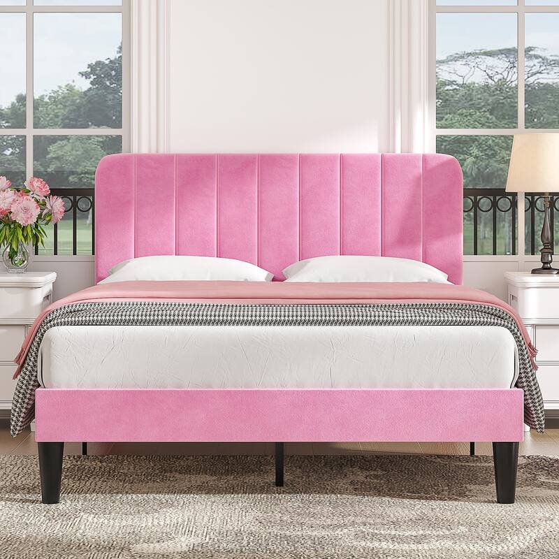 VECELO Velvet Upholstered Bed Frame with Vertical Channel Tufted Headboard, Adjustable Headboard, Wooden Slats Support - Pink - Queen