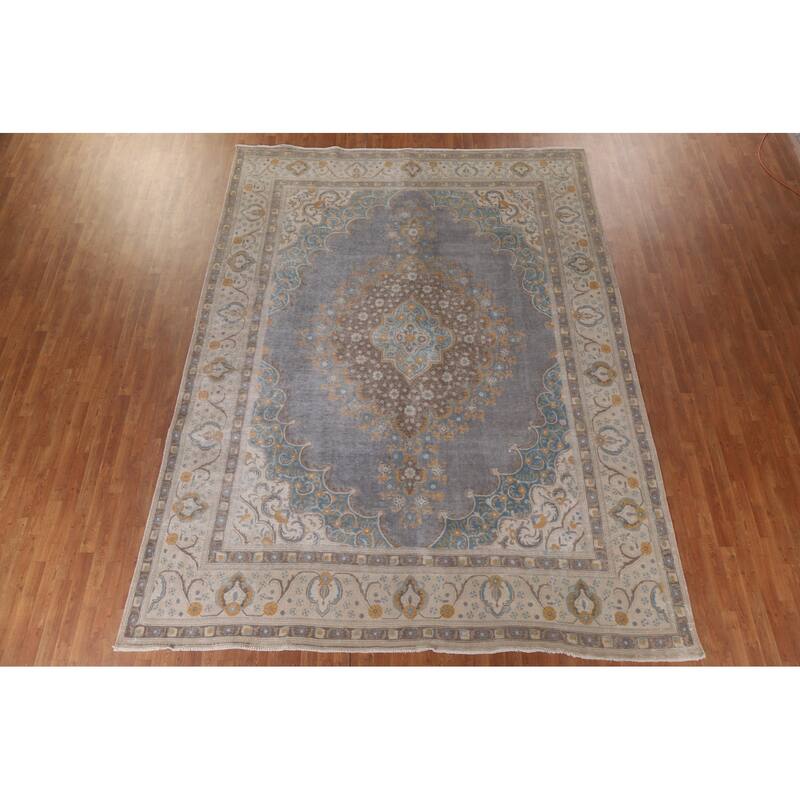 Hand Knotted Oriental 100% Wool Carpet Traditional Medallion Greys & Charcoal Tabriz Area Rug - 12' 8'' X 9' 6''